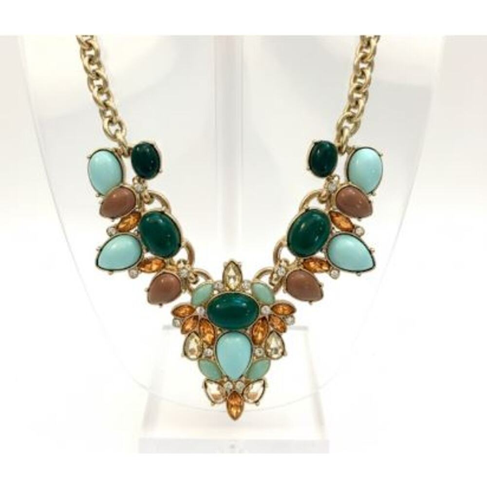 Neiman Marcus Gold-Tone Necklace with Teal, Aqua, Brown and Amber Accents